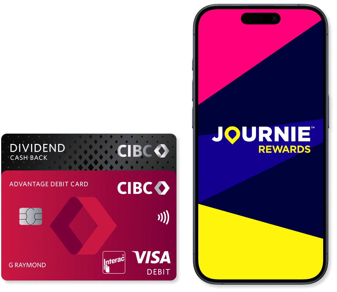 CIBC bank cards next to a phone with the Journie Rewards app open.