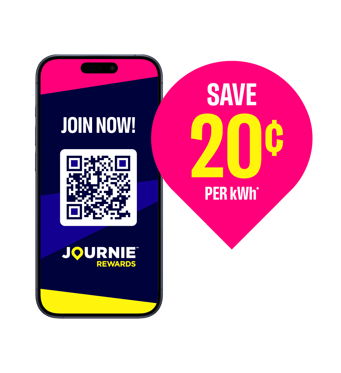 Hand holding a phone with Journie screen open to "join now"! Blue EV icon next to hand and phone. Save 20¢ per kWh*