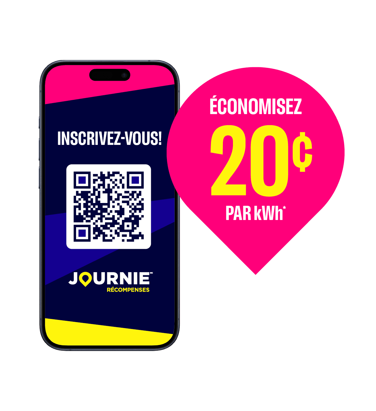 Main tenant un téléphone avec écran Journie ouvert pour « rejoindre maintenant » ! Icône EV bleue à côté de la main et du téléphone. ÉCONOMISEZ 20¢ PAR kWh*