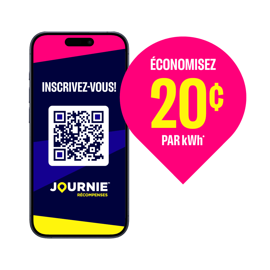 Main tenant un téléphone avec écran Journie ouvert pour « rejoindre maintenant » ! Icône EV bleue à côté de la main et du téléphone. ÉCONOMISEZ 20¢ PAR kWh*