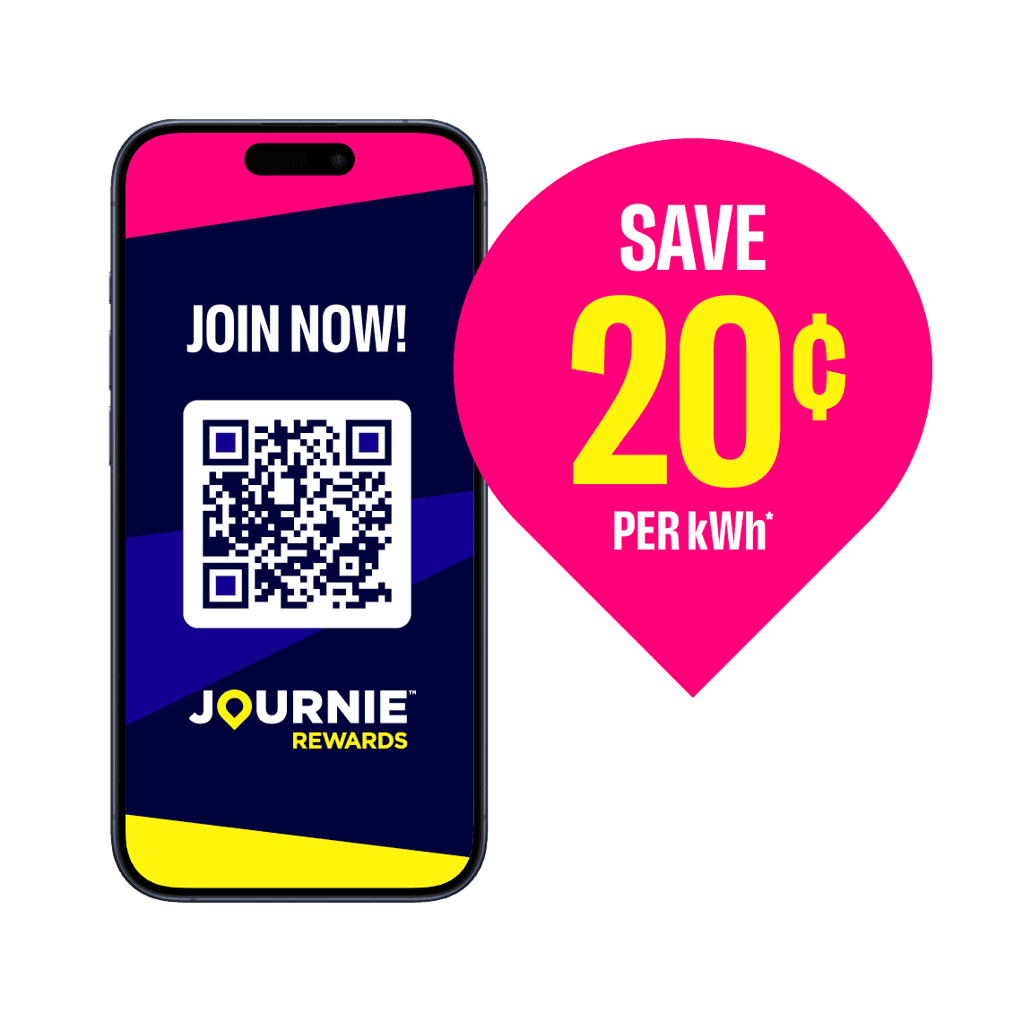 Hand holding a phone with Journie screen open to "join now"! Blue EV icon next to hand and phone. Save 20¢ per kWh*