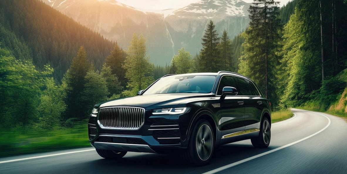 SUV driving on mountain road.