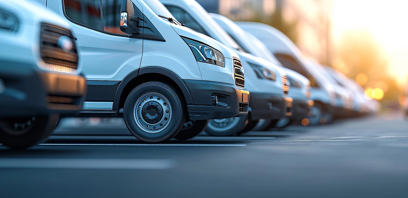 Row of white vans in parking lot.