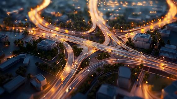 Aerial shot of highway junction at night.
