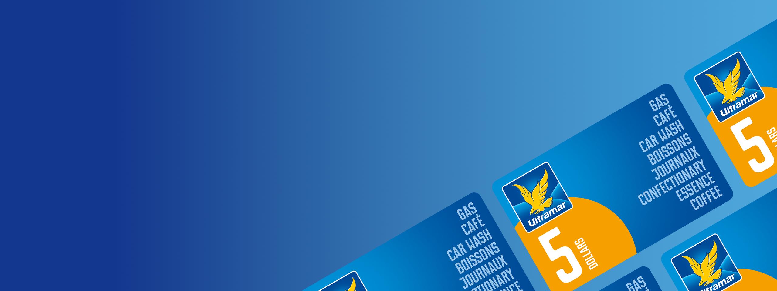 Blue background with Ultramar gift cards.